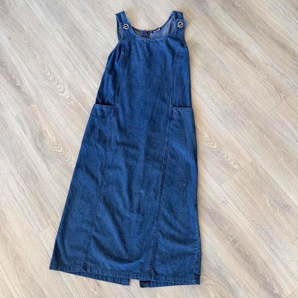 Blue J. Women's Medium Denim Blue Jean Maxi Overall Dress VTG 90s Cottage Grunge